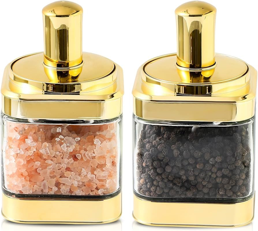 Glass Condiment Spice Jars, Container with Lids and Spoons(11oz/320 ml), Gold Salt Jar, 2Pack Sea... | Amazon (US)