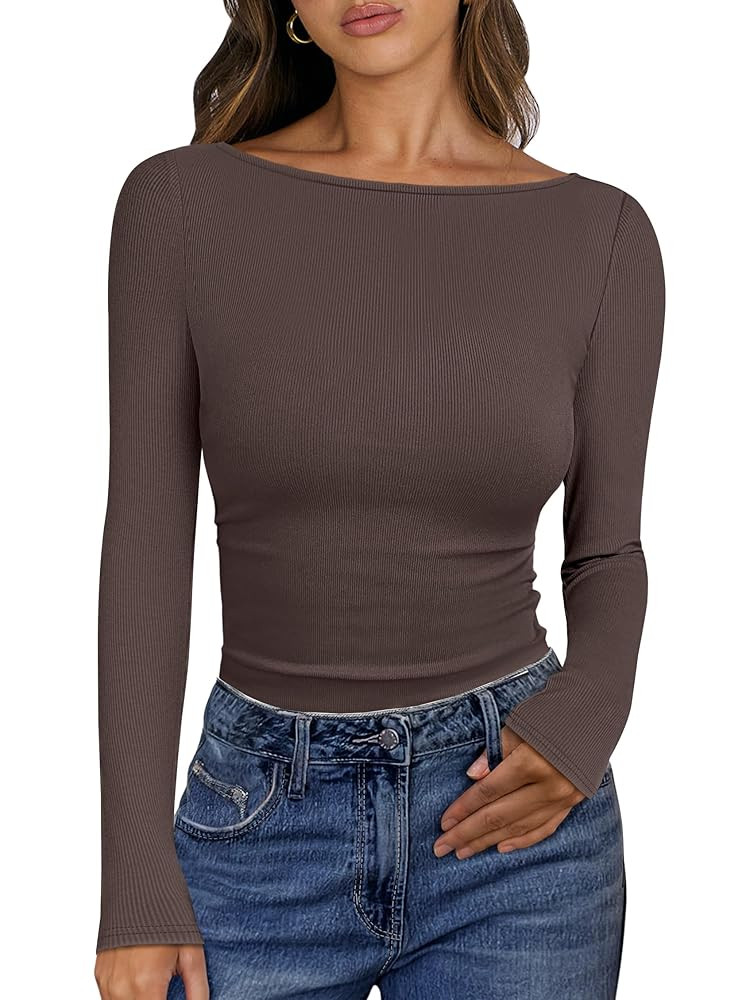 ANRABESS Women's Boat Neck Long Sleeve Shirts Rib Knit Slim Fitting Tops Basic Tees 2025 Casual C... | Amazon (US)