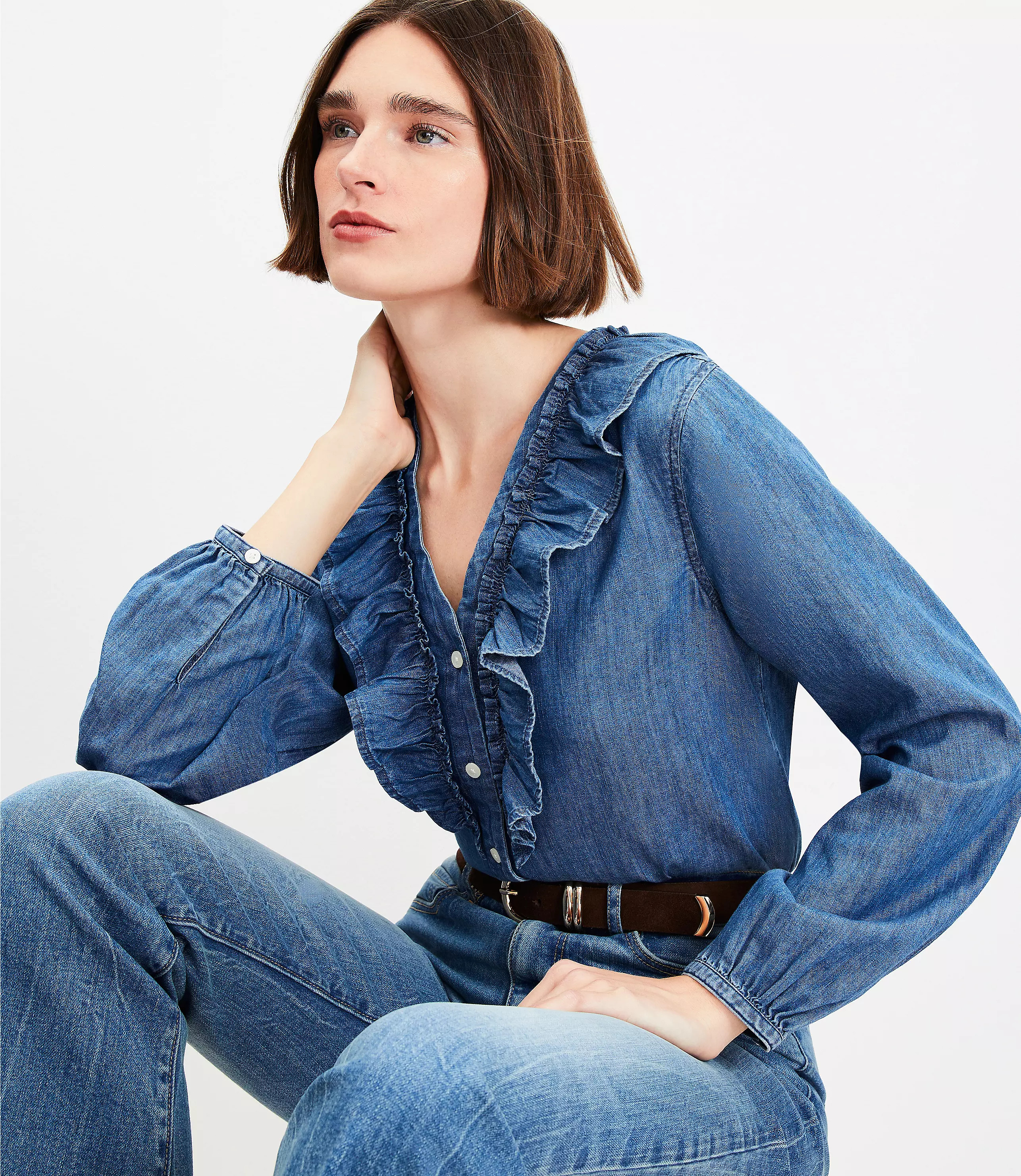 Chambray V-Neck Ruffle Shirt | LOFT