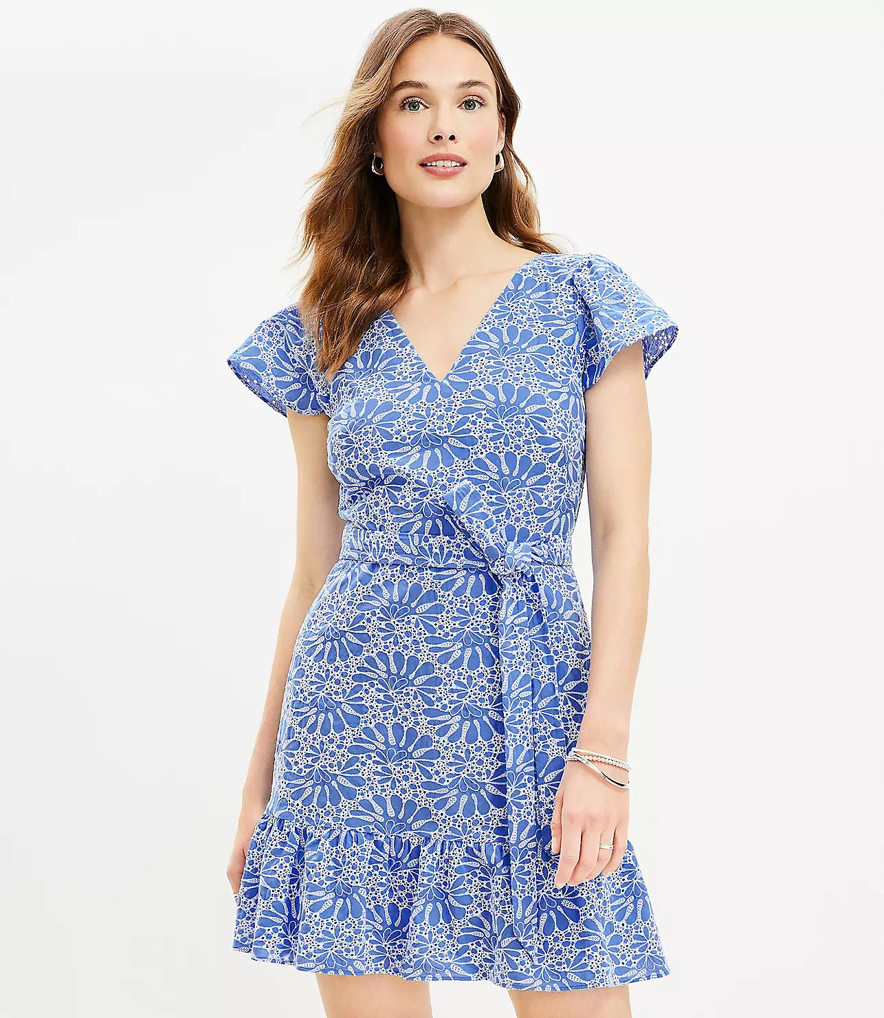 Eyelet Belted Flutter Sleeve Swing Dress | LOFT
