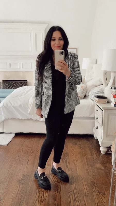 Workwear casual outfit, tweed blazer with black pants, platform loafers, black shirt


#LTKworkwear #LTKover40