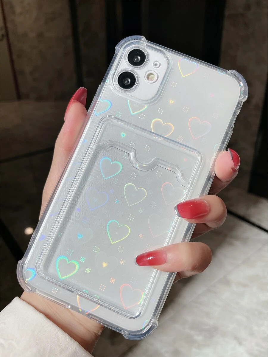 Y2K Heart Print 1pc High-Transparency Anti-Fall Phone Case With Card Pocket And Sparkling Adhesiv... | SHEIN