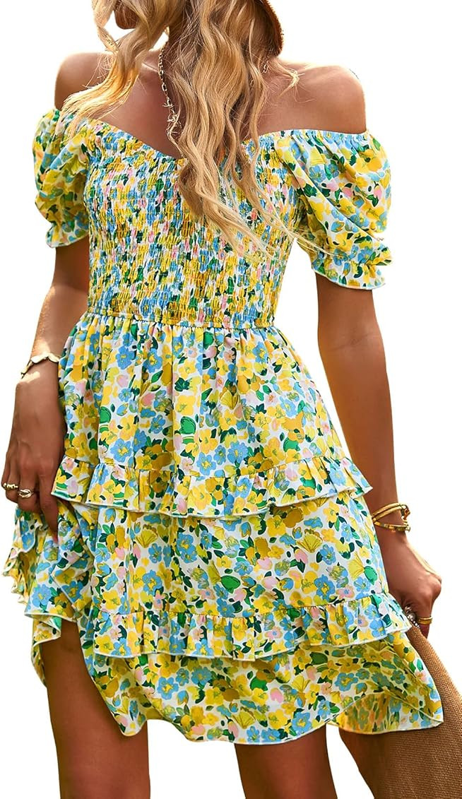NIVYEE Women's Casual Floral Summer Dress Puff Sleeve Ruffle Hem Inside Liner A-line Dresses | Amazon (US)