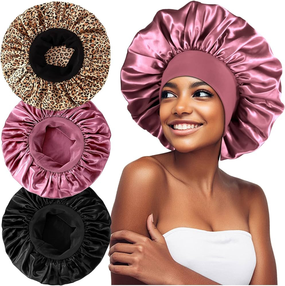 3PCS Extra Large Satin Bonnets for Sleeping, Hair Bonnets for Black Women Braids Curly Hair, C | Amazon (US)
