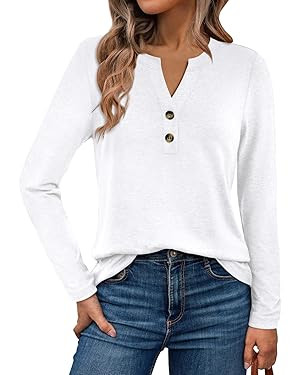WYNNQUE Womens Long Sleeve Shirts Business Casual Outfits Dressy Tops Blouses Henley V Neck Fall ... | Amazon (US)