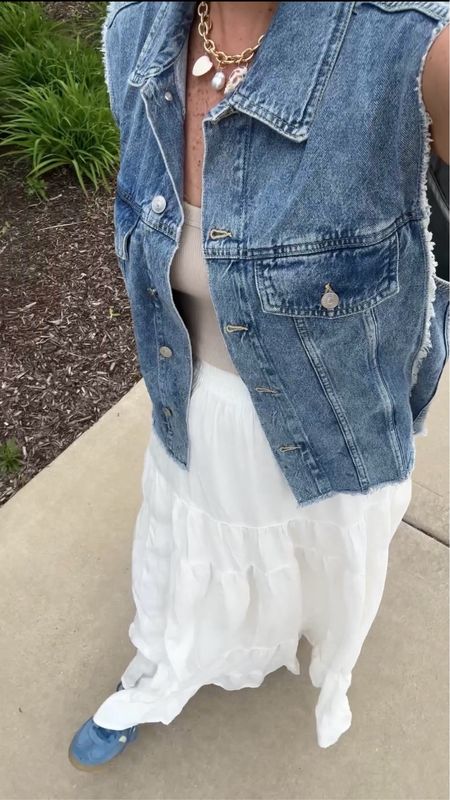 Frayed denim vest with maxi skirt 

#LTKOver40 #LTKSeasonal #LTKStyleTip