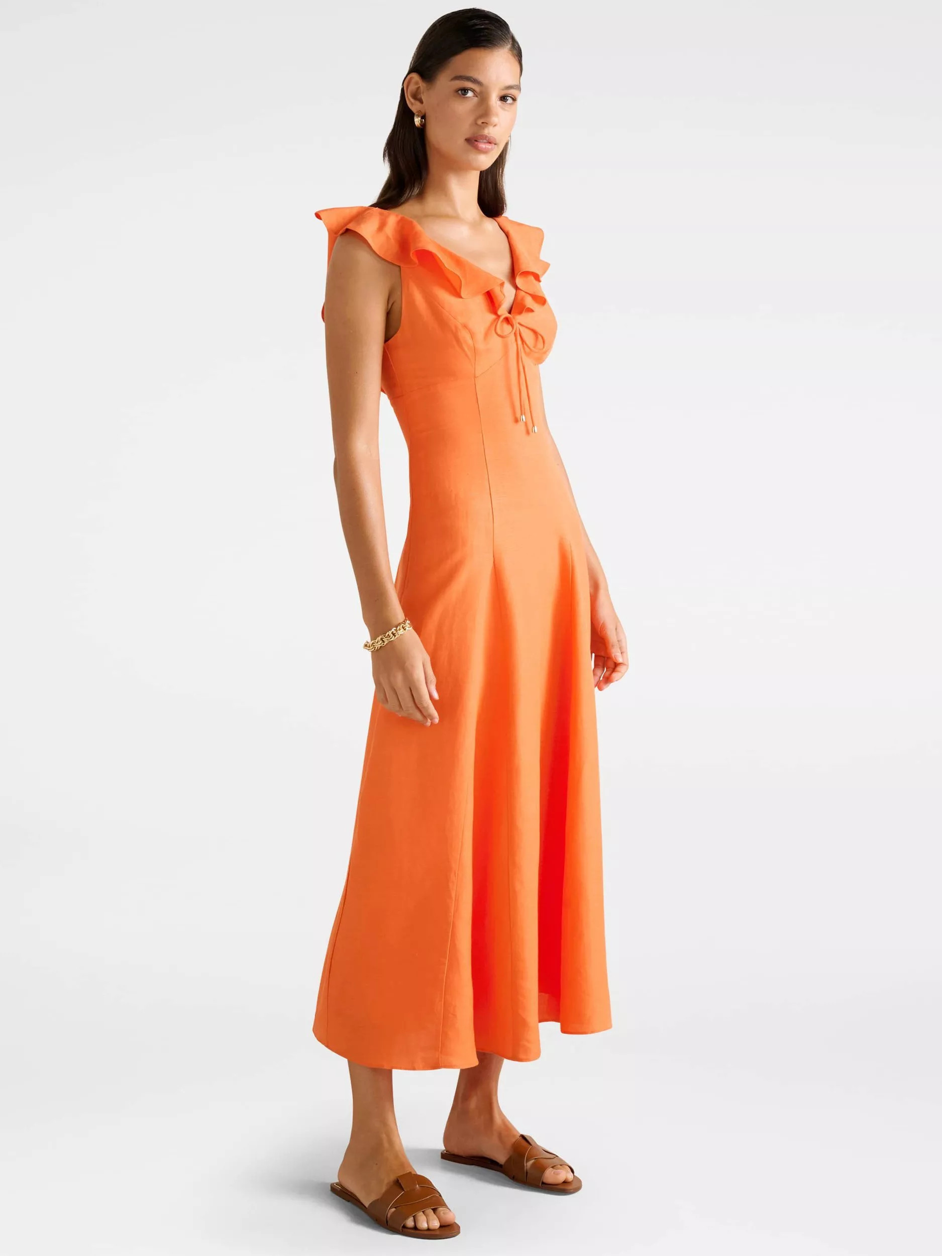 Forever New Lenny Godet Linen Blend Midi Dress, Orange Fire | John Lewis (UK)