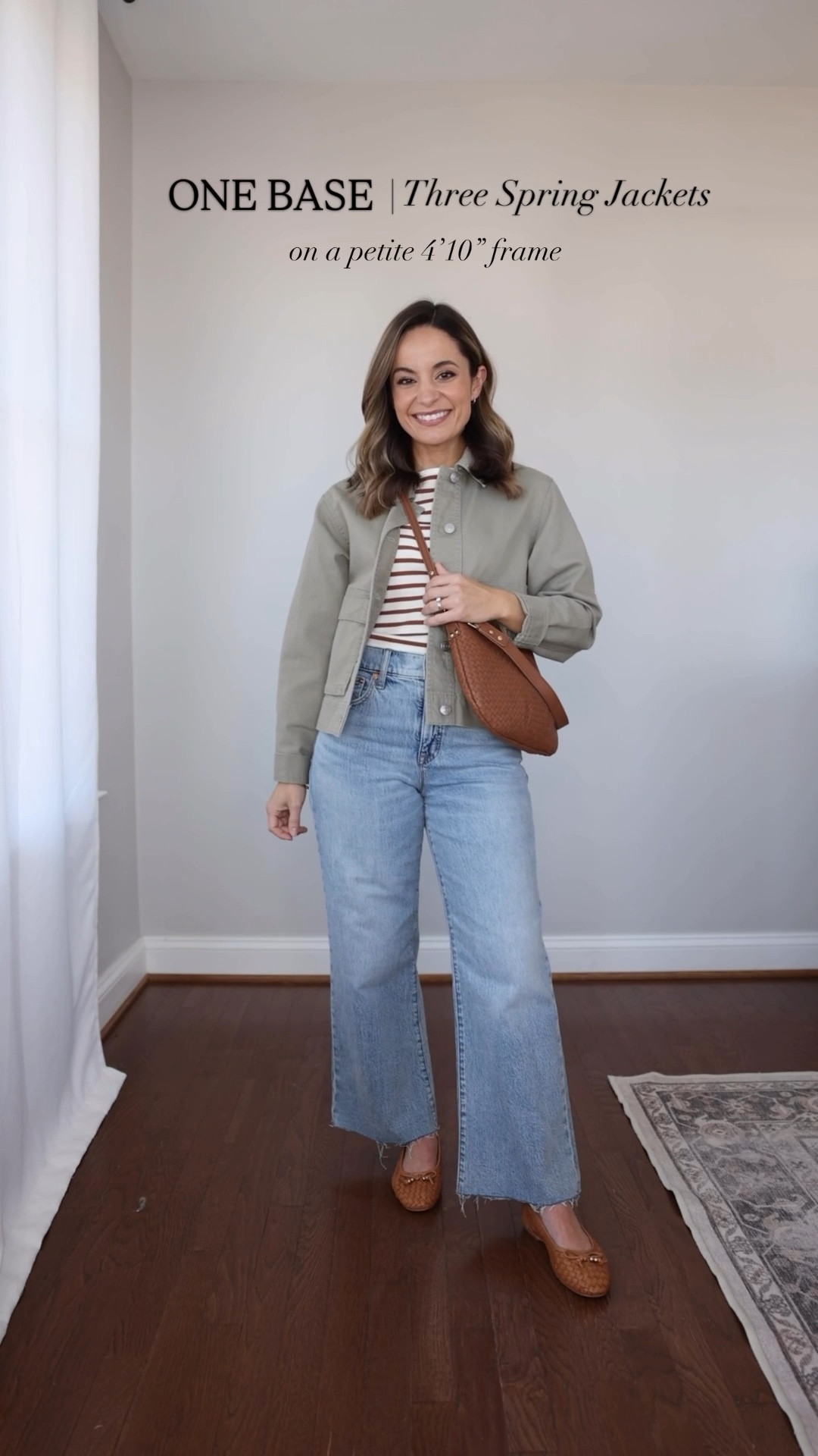One outfit base styled with three petite-friendly spring jackets! 

Tank top (J.Crew Factory): xxs 
Jeans (J.Crew Factory): 24 standard (26.5” inseam) they also come in petite (24.5” inseam) 
Shoes (Steve Madden): true to size. If between sizes go up 1/2 size. 
Bag (Quince)

Classic trench (Aritzia): xxs (Marcona  beige)
Olive jacket (LOFT): petite xxs 
Red jacket (J.Crew Factory): petite xxs 

My measurements for reference: I’m 4’10” and 105lbs. My bust, waist, and hip measurement is 32”, 24”, and 36”.