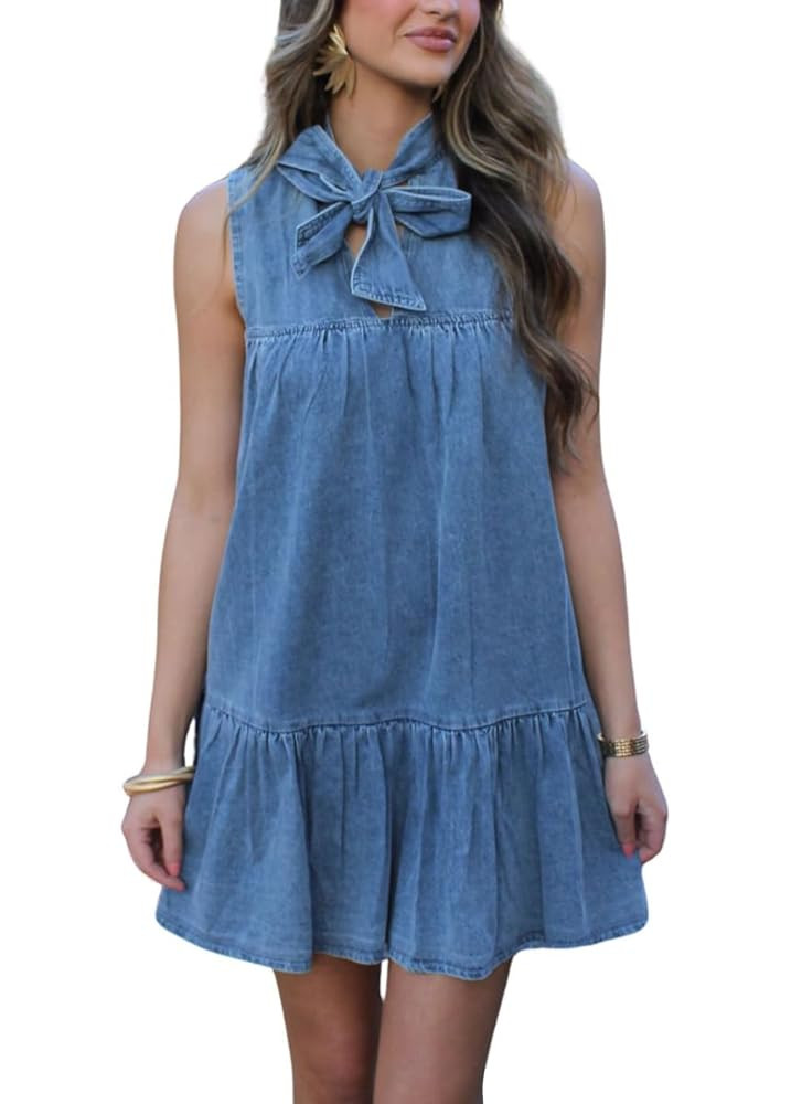 chouyatou Women's Summer Bow Tie Neck Denim Dress Sleeveless V-Neck Mini Jean Dress Tank Dress | Amazon (US)