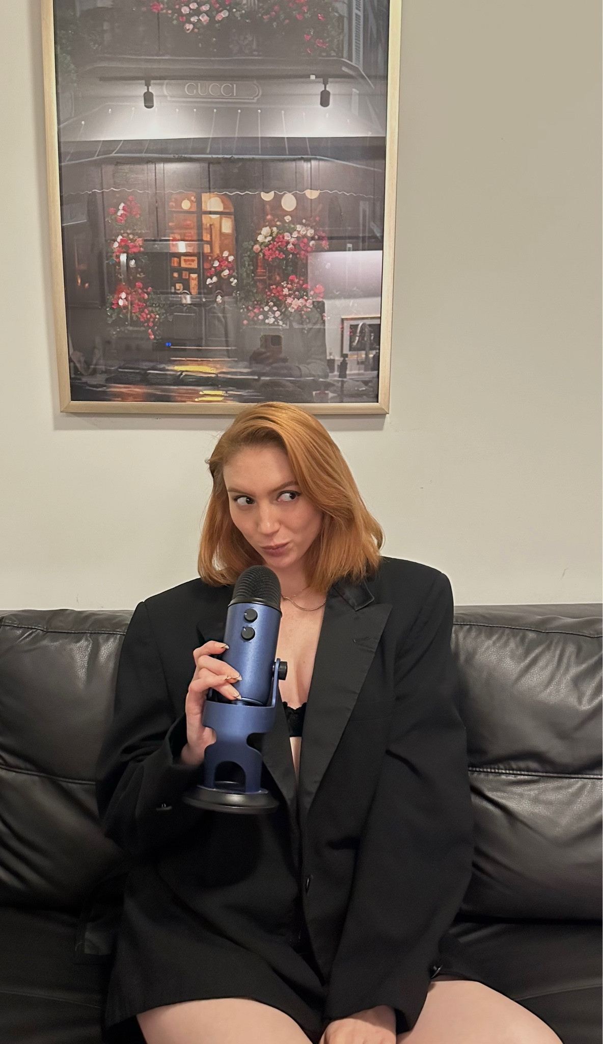 Oversized blazer 
Black lace bra 

Podcast mic 

#LTKGiftGuide #LTKCyberWeek #LTKStyleTip