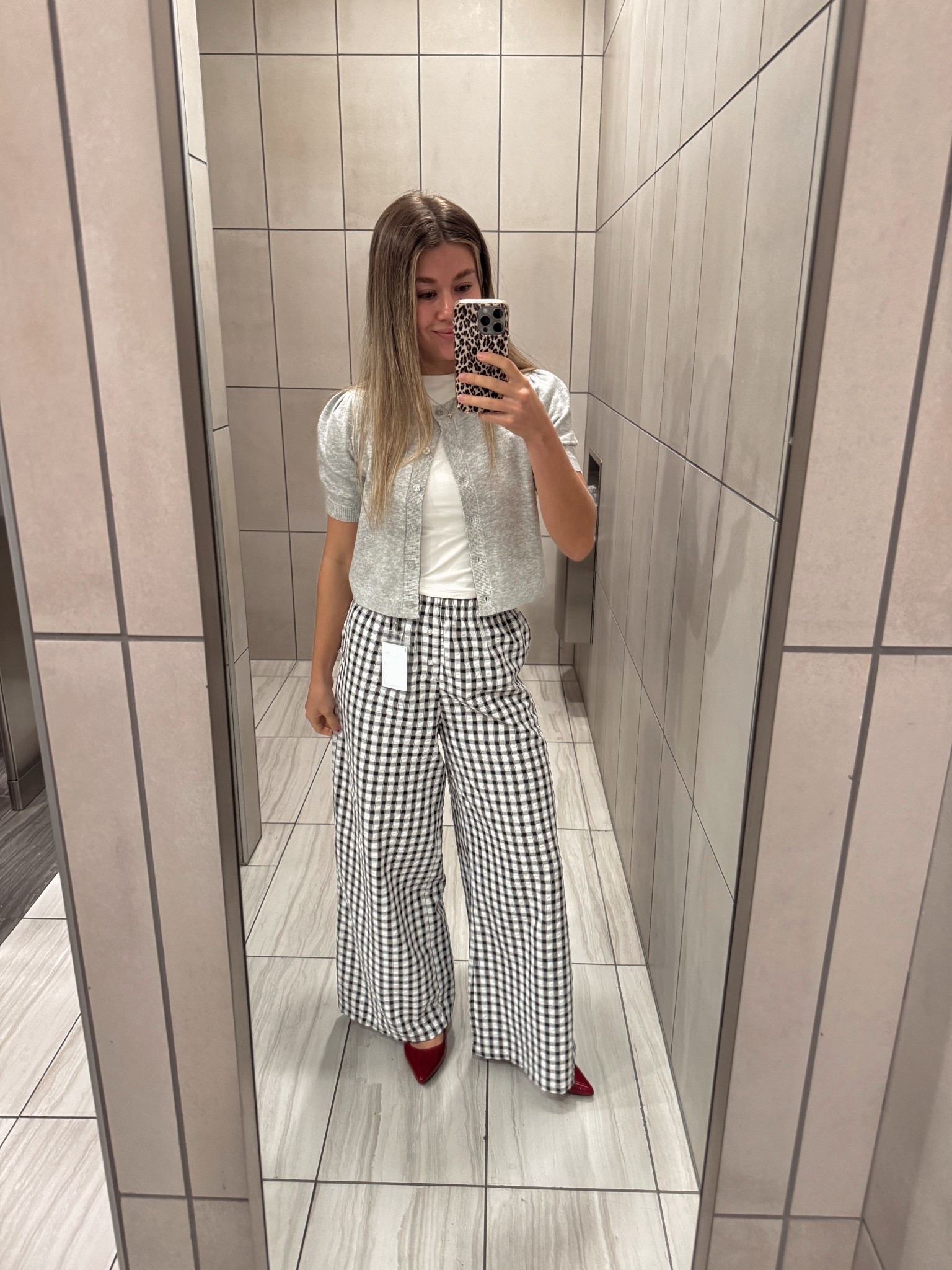 early fall workwear | casual office outfit | corporate outfit inspo | office outfit inspo | gingham pants outfit | red flats outfit | button down cardigann