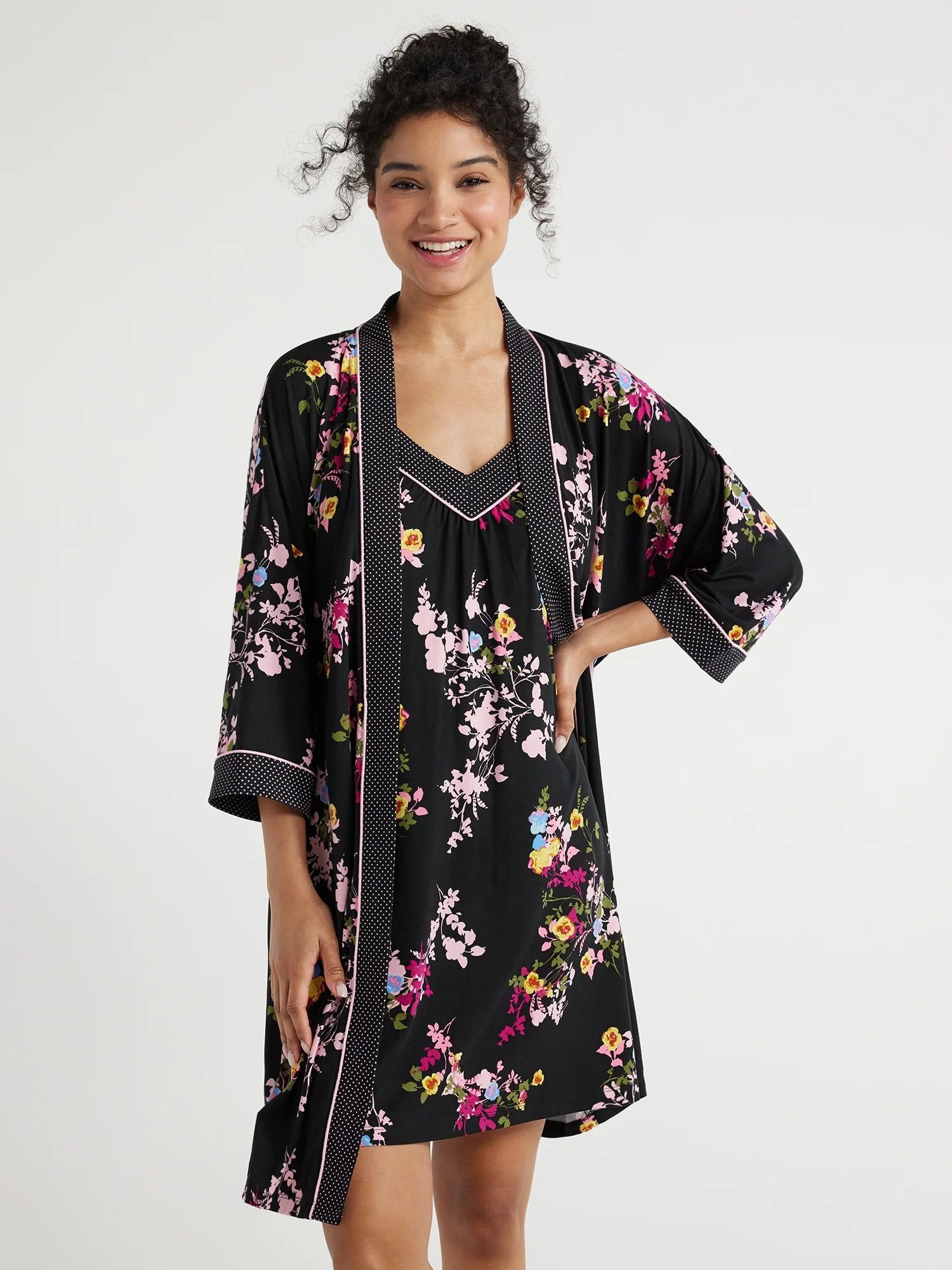 Joyspun Women's Knit Short Chemise and Sleepwear Robe Pajama Set, Sizes S to 3X | Walmart (US)