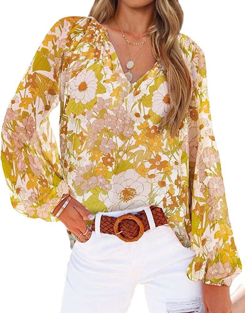 BTFBM Women Casual Boho Blouse Fashion Floral Shirts V Neck Long Puff Sleeve Lightweight Chiffon ... | Amazon (US)