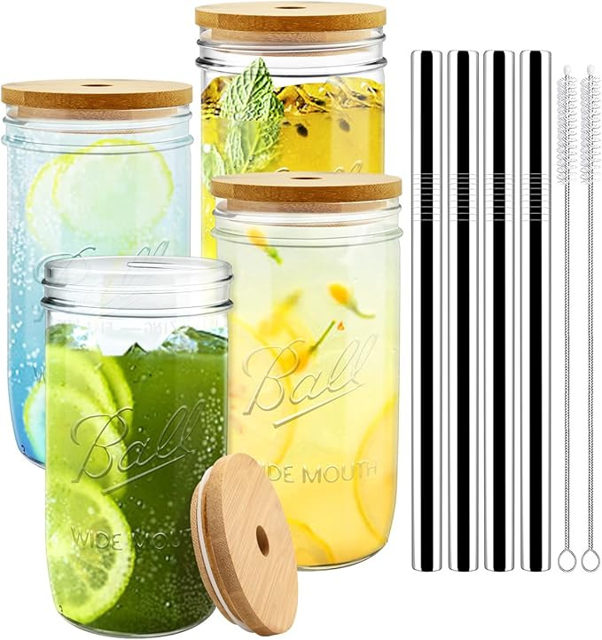 4 Pack Mason Jar with Lid and Straw, 24oz Wide Mouth Mason Jar Drinking Glasses Tumbler with Stra... | Amazon (US)