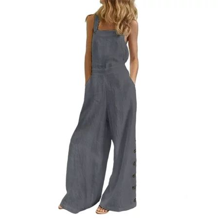 Lumento Womens Bib Overall Sleeveless Pure Color Button Tank Jumpsuit Loose Wide Leg Harem Pants Dun | Walmart (US)