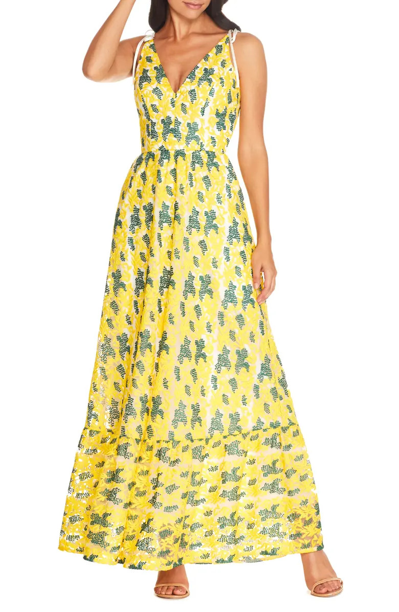Dress the Population Sunny Embroidered Floral Tie Shoulder Gown | Nordstrom | Nordstrom