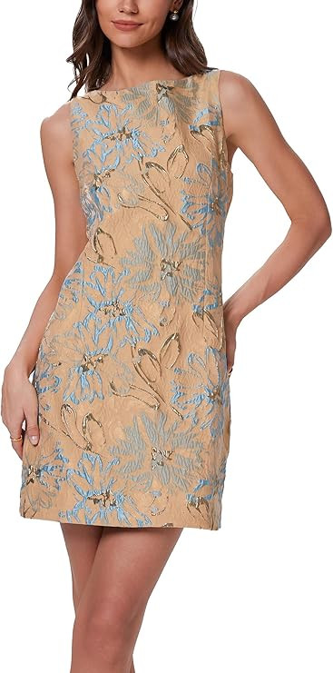 D-Sun Women Jacquard Mini Dress Sleeveless Boat Neck Elegant Floral Cocktail Party Bodycon Sexy C... | Amazon (US)