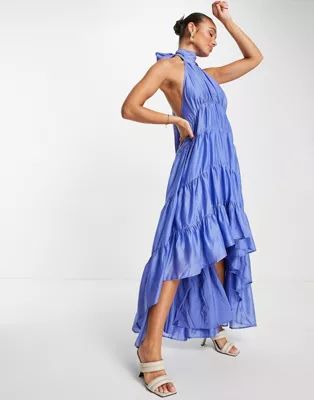 ASOS DESIGN halter tiered voile maxi dress with tie back in blue | ASOS (Global)