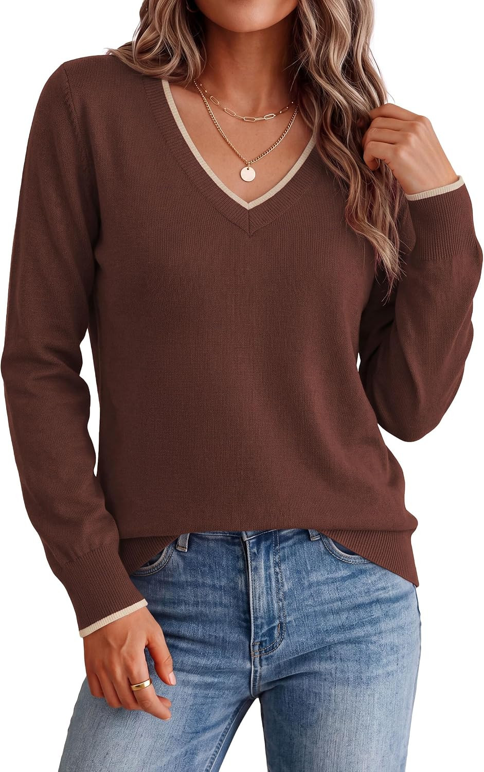 PRETTYGARDEN Women's V Neck Sweater Long Sleeve Knit Tops | Amazon (US)