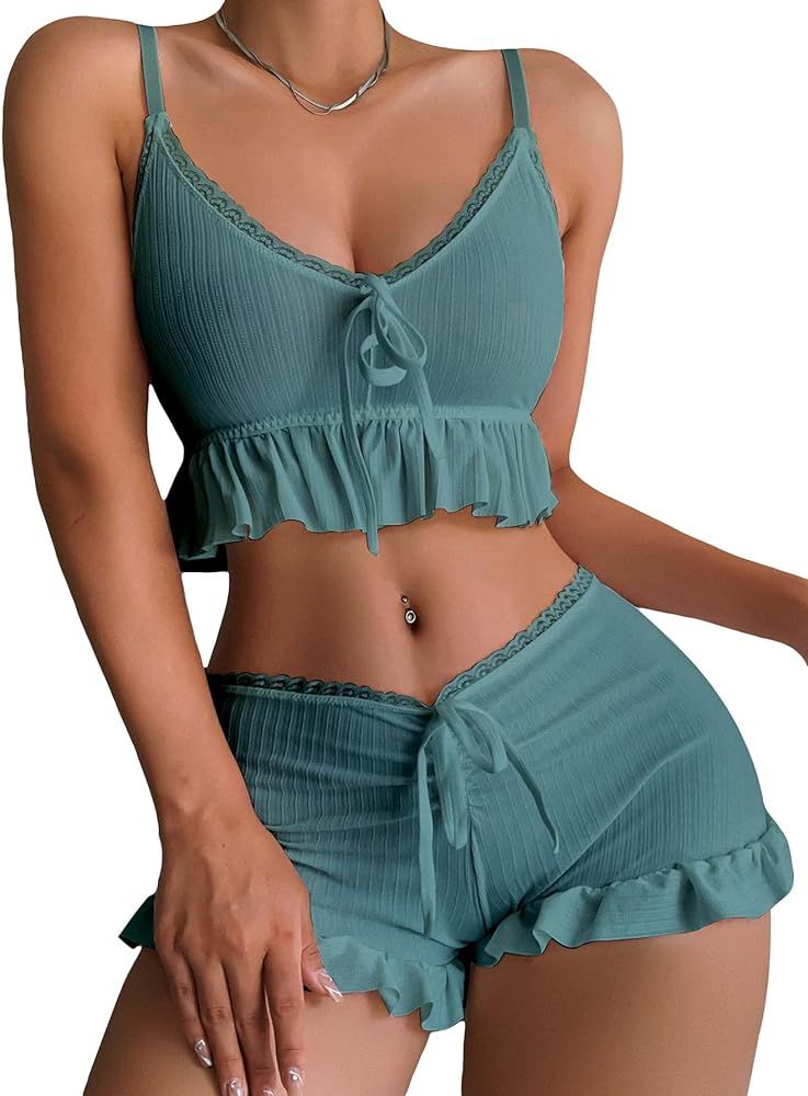 SweatyRocks Women's 2 Piece Lingerie Set Pajama Sets Ruffle Trim Tie Front Cami Top and Shorts Sl... | Amazon (CA)