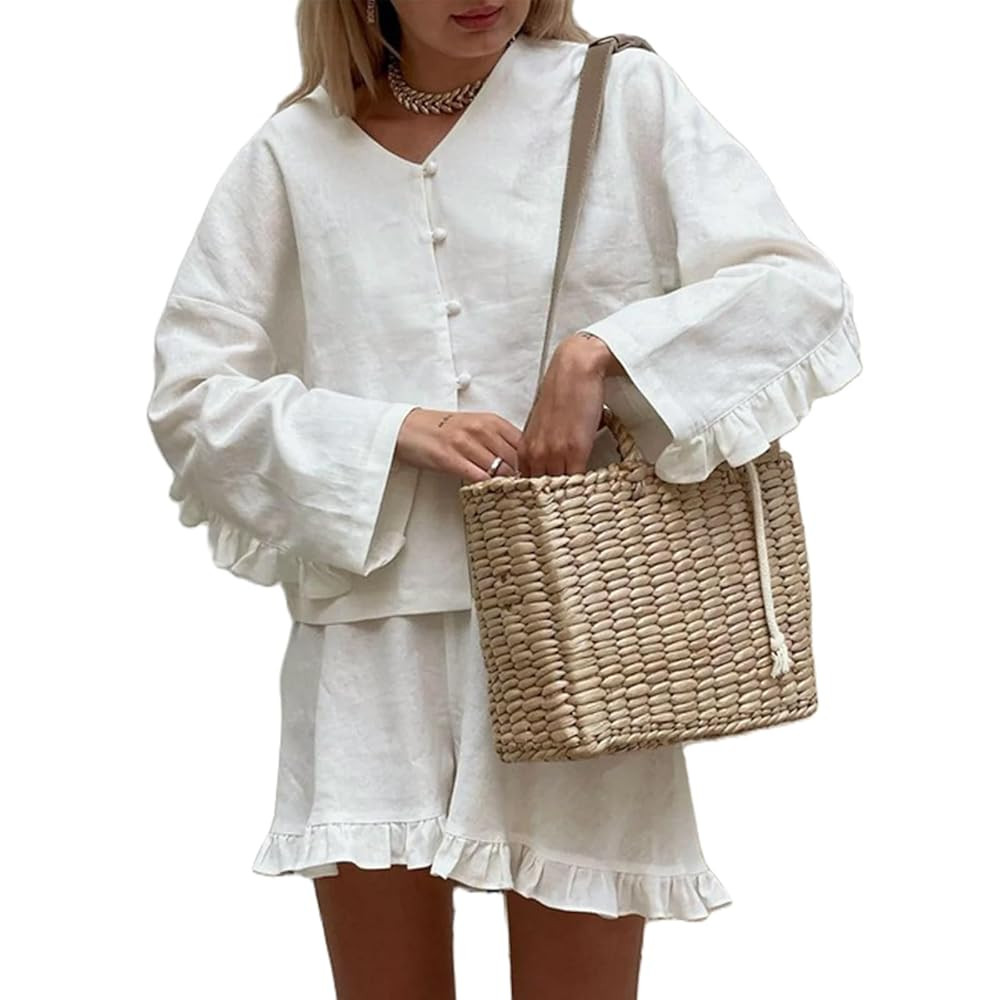 XBTCLXEBCO Linen Shorts Outfits Women 2 Piece Set Tie Front Long Sleeve Shirt and Ruffle Shorts L... | Amazon (US)