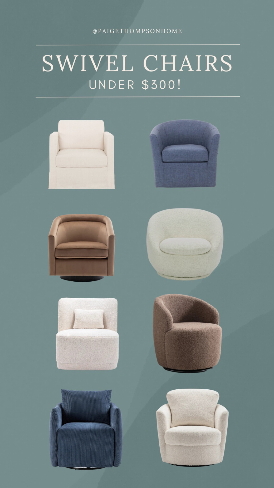 Swivel Chairs round up under $300!
Swivel chairs, accent chair, neutral chair, boucle chair, upholstered chair, living room, bedroom, furniture, Black Friday, sale

#LTKstyletip #LTKsalealert #LTKhome