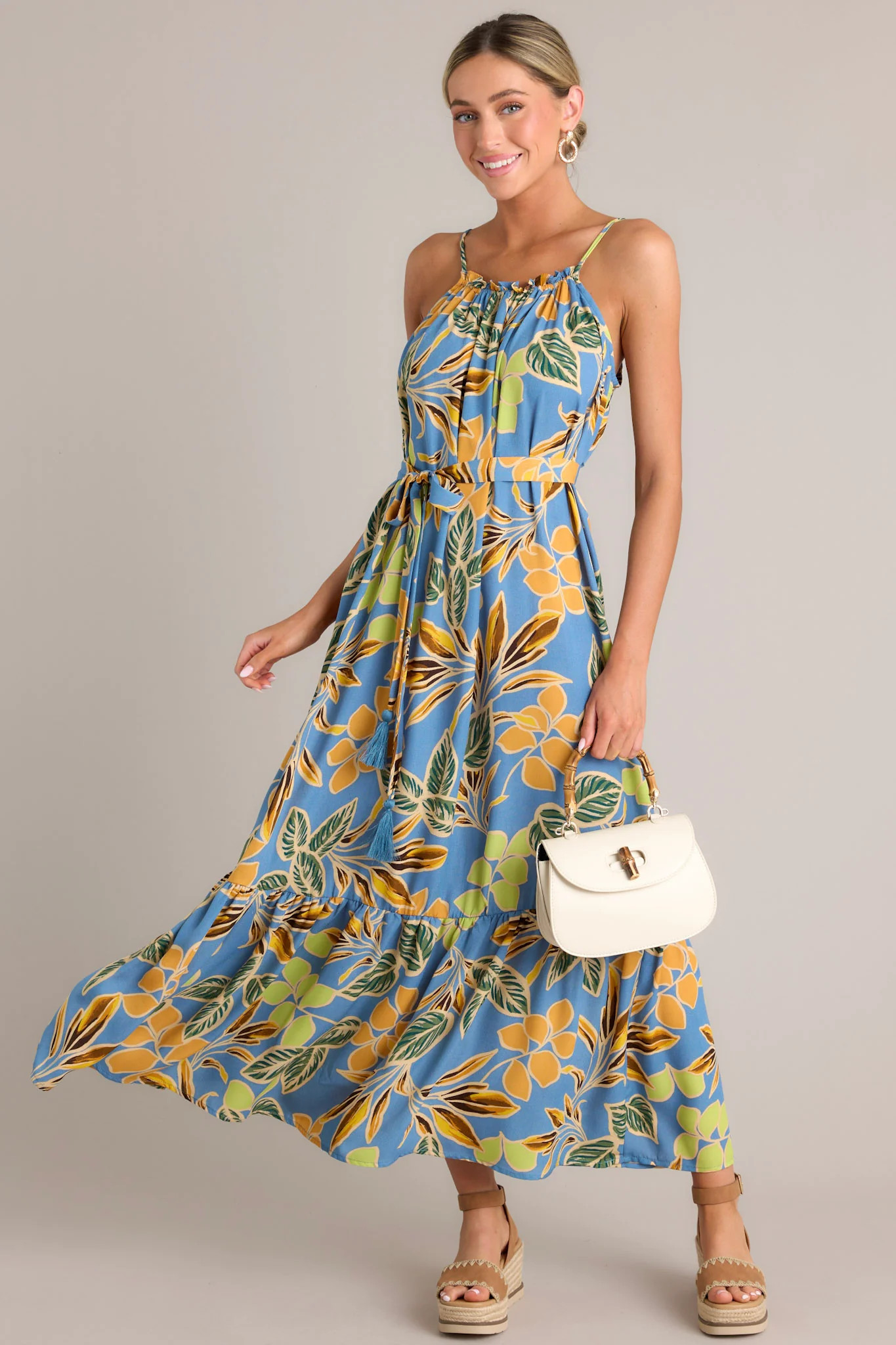 Exotic Eden Dusty Blue Tropical Print Maxi Dress | Red Dress