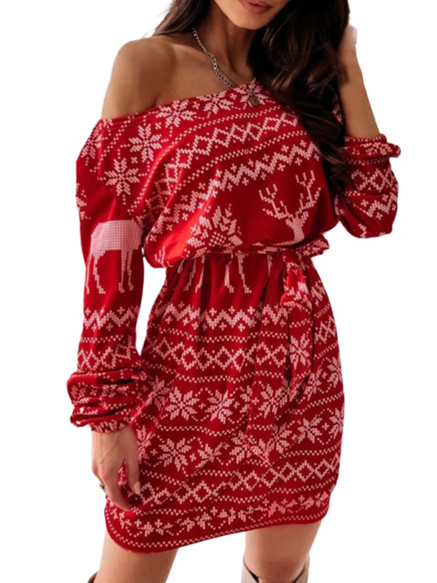Women Christmas Long Sleeve Knitted Dress Snowflake Elk Pattern Off Shoulder Long Sweater with Be... | Walmart (US)