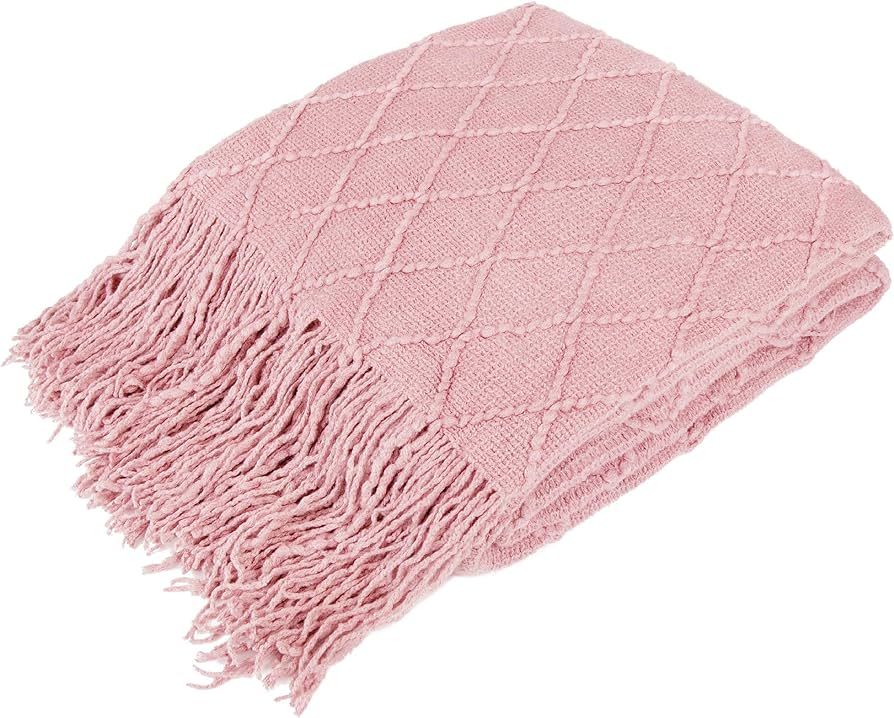 PAVILIA Light Pink Knit Throw Blanket for Couch, Soft Knitted Boho Farmhouse Home Decor Woven Thr... | Amazon (US)