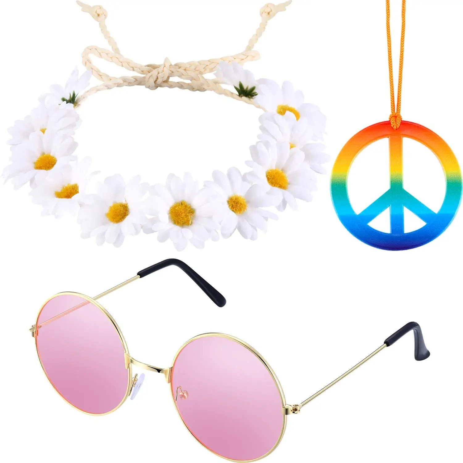 Amazon.com: 3 Pieces Hippie Costume Accessories Set Includes Rainbow Peace Sign Necklace, Flower ... | Amazon (US)