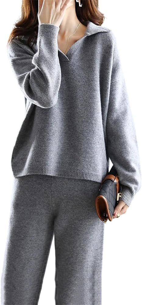 Women's Cashmere Knit Suit Loose Lapel Sweater and Wide Leg Pants Elegant High Street Two Piece Wool Lounge Set | Amazon (US)