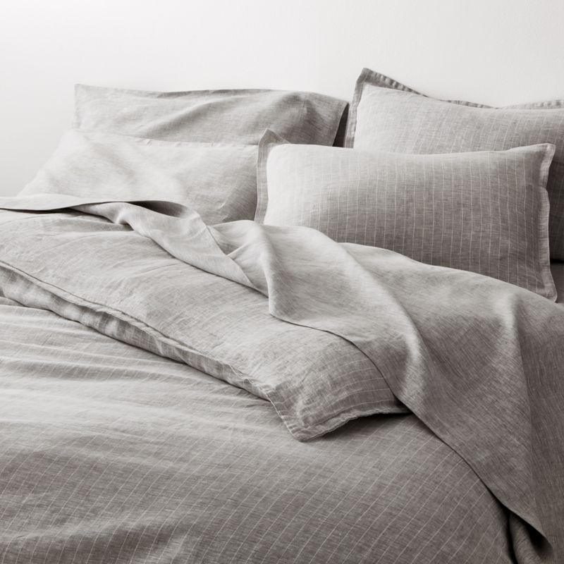 Pure Linen Pinstripe Grey Full/Queen Duvet Cover + Reviews | Crate and Barrel | Crate & Barrel