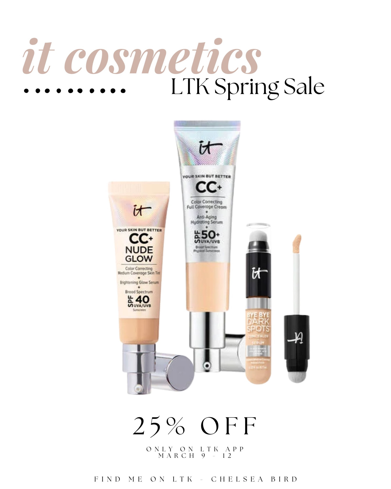 Some essentials from IT cosmetics. Their cc nude glow is incredible 🤩

Ltk spring Sale 
Ltk cosmetics 
Everyday makeup 

#LTKSale #LTKsalealert #LTKbeauty