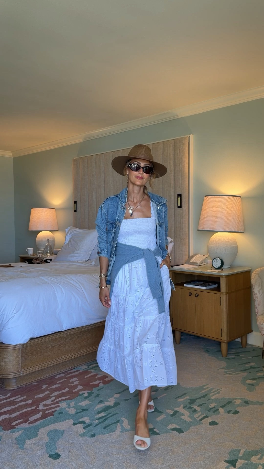 Florida road trip outfit formula☀️💙Comment ROADTRIP for links! 

Keeping things light and breathable with an eyelet cotton dress, then adding cashmere and denim layers for those chilly A/C moments. Comfortable enough for the drive, but polished enough to go straight to lunch when I arrive. 

@Quince #quincepartner