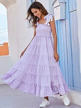 Floerns Women's Floral Print Tie Strap Square Neck Ruffle Boho Maxi Dress | Amazon (US)