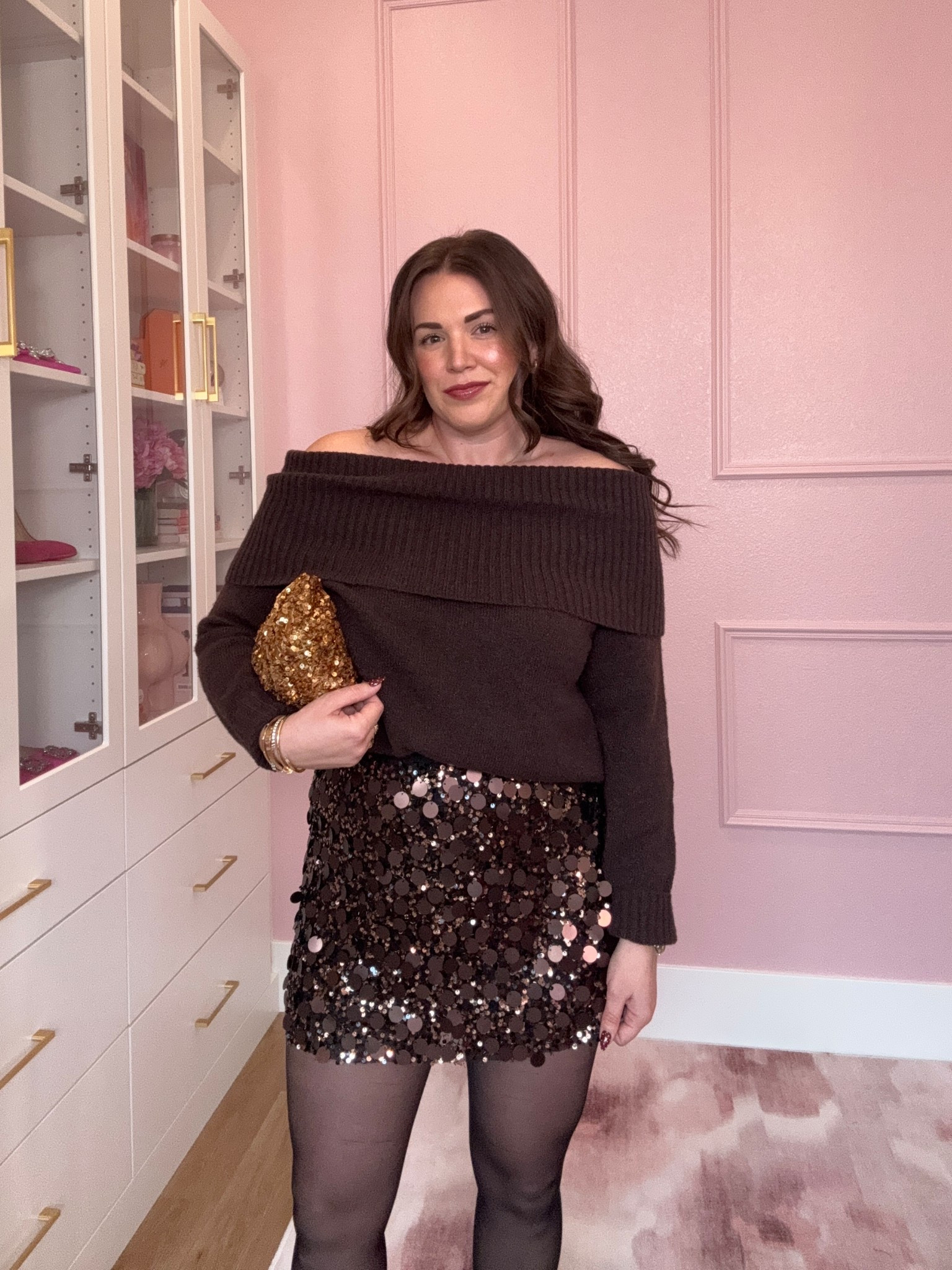 curvy midsize fall thanksgiving friendsgiving outfit! wearing size large in off the shoulder chocolate brown sweater and size xl in brown sequin skirt 

#LTKFindsUnder50 #LTKHoliday #LTKMidsize
