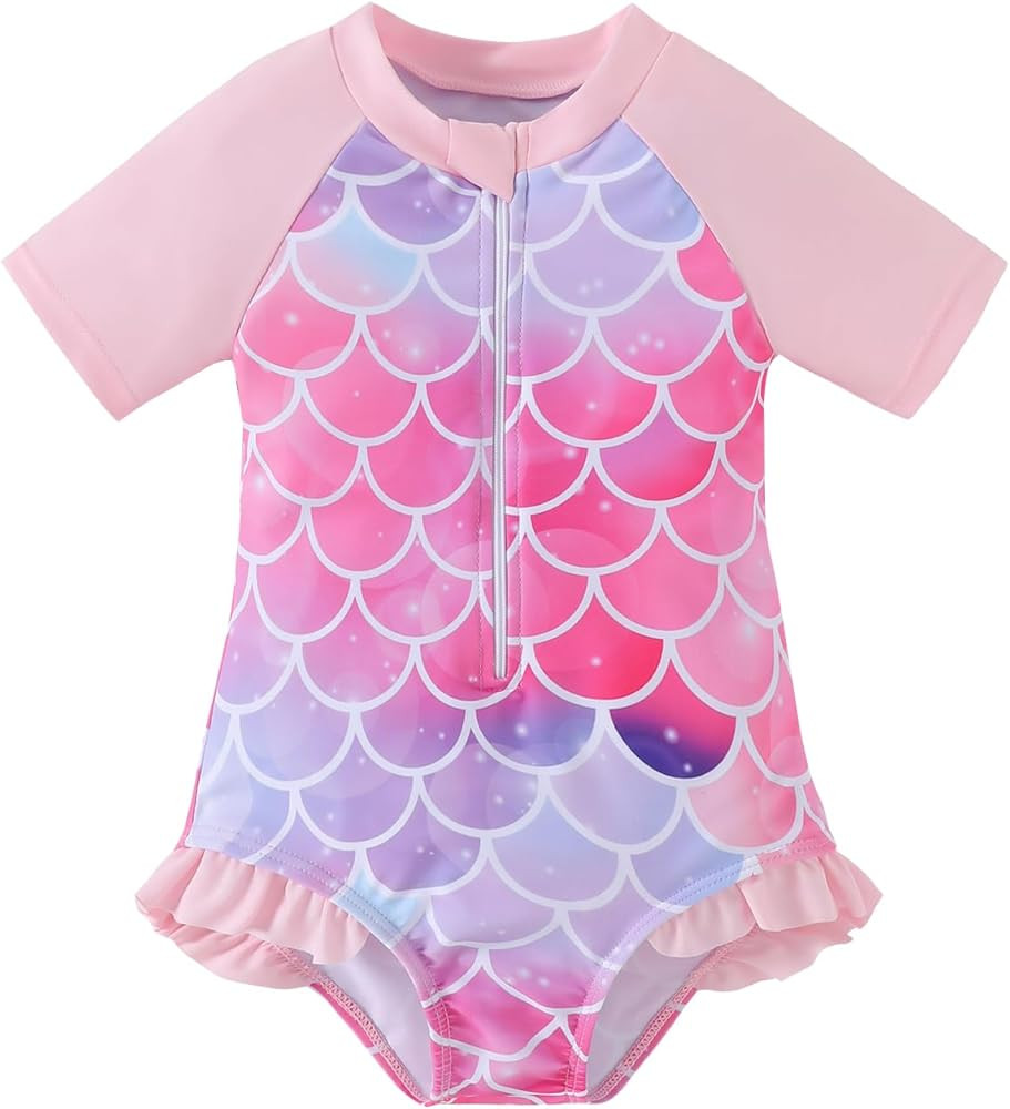 Toddler Baby Girls One Piece Swimsuit Bathing Suit Short Sleeve Rash Guard Swimwear with UPF 50+ ... | Amazon (US)