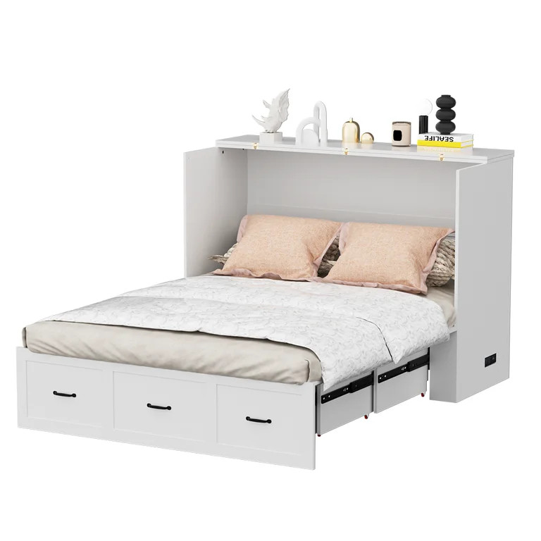 Queen Size Murphy Bed, Farmhouse Wooden Cabinet With Charging Station And Storage Drawer For For ... | Walmart (US)