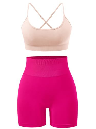 Workout Sets for Women 2 Piece Outfits High Waisted Yoga Shorts with Adjustable Strappy Sports Bra Gym Sets(Our76S-Pink/Magenta) | Amazon (US)
