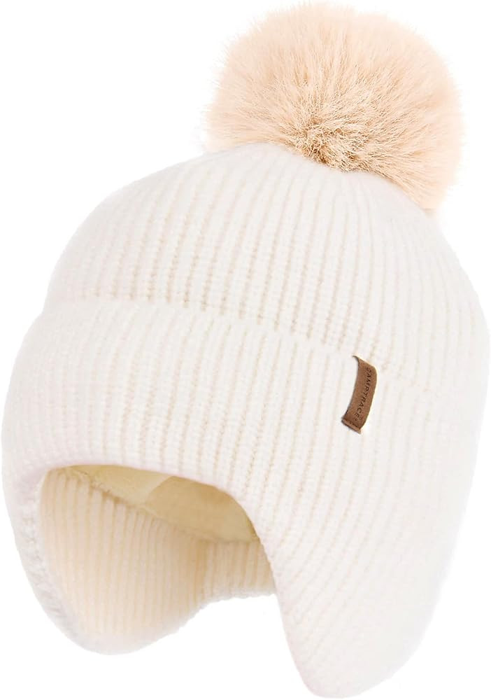 Toddler Baby Winter Hat Warm Fleece Lined Knit Kids Hat with Earflap Infant Newborn Pom Pom Beani... | Amazon (US)
