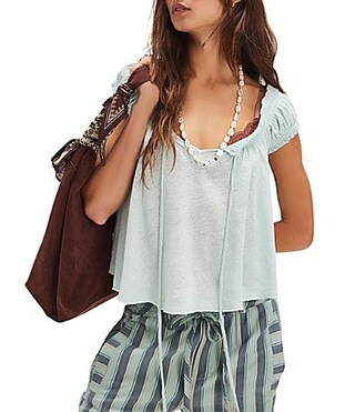 Free People We The Free Dahlia Linen Blend Smocked Tie Scoop Neck Cap Sleeve Tee - L | Dillard's