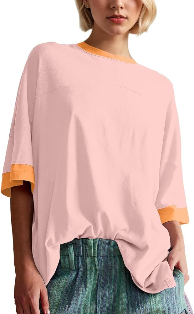 Women Oversized Color Block Short Sleeve T Shirt Crewneck Patchwork Split Hem Shirt Casual Loose ... | Amazon (US)