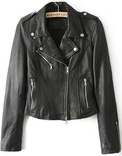 Black Lapel Long Sleeve Zipper Leather Jacket | SHEIN