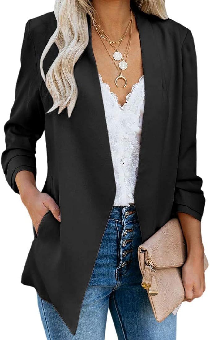 Ofenbuy Womens Casual Blazer Ruched 3/4 Sleeve Open Front Relax Fit Office Lightweight Cardigan J... | Amazon (US)