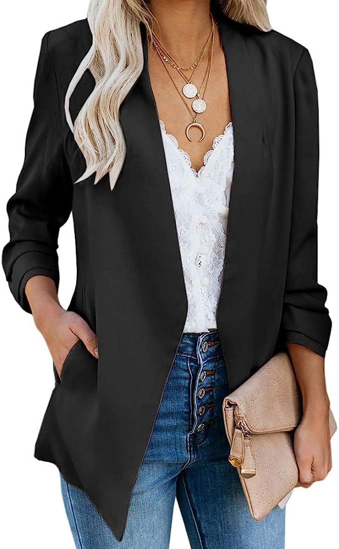 Ofenbuy Womens Casual Blazer Ruched 3/4 Sleeve Open Front Relax Fit Office Lightweight Cardigan J... | Amazon (US)