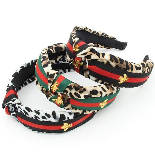 Leopard Headbands with Red Green Stripe - Designer Cross Knot Wide Hard Headbands for Women - Bee... | Amazon (US)