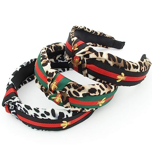 Leopard Headbands with Red Green Stripe - Designer Cross Knot Wide Hard Headbands for Women - Bee... | Amazon (US)