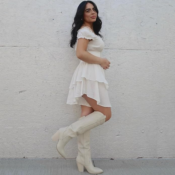 VOMIRA Knee High Cowboy Boots for Women Pointed Toe Chunky High Heels Pull-on Embroidered Boots W... | Amazon (US)