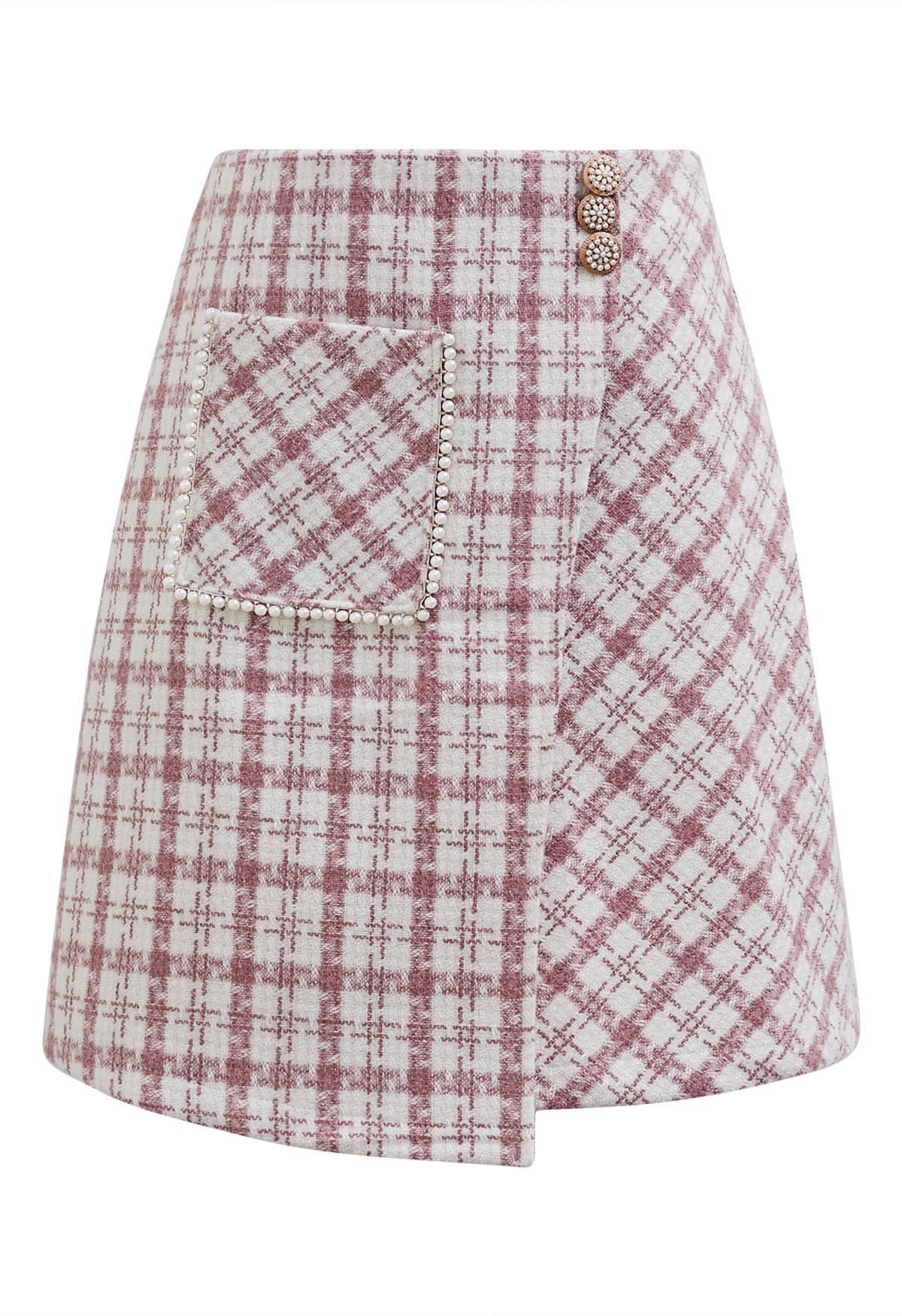 Patch Pocket Plaid Tweed Flap Skirt in Pink | Chicwish