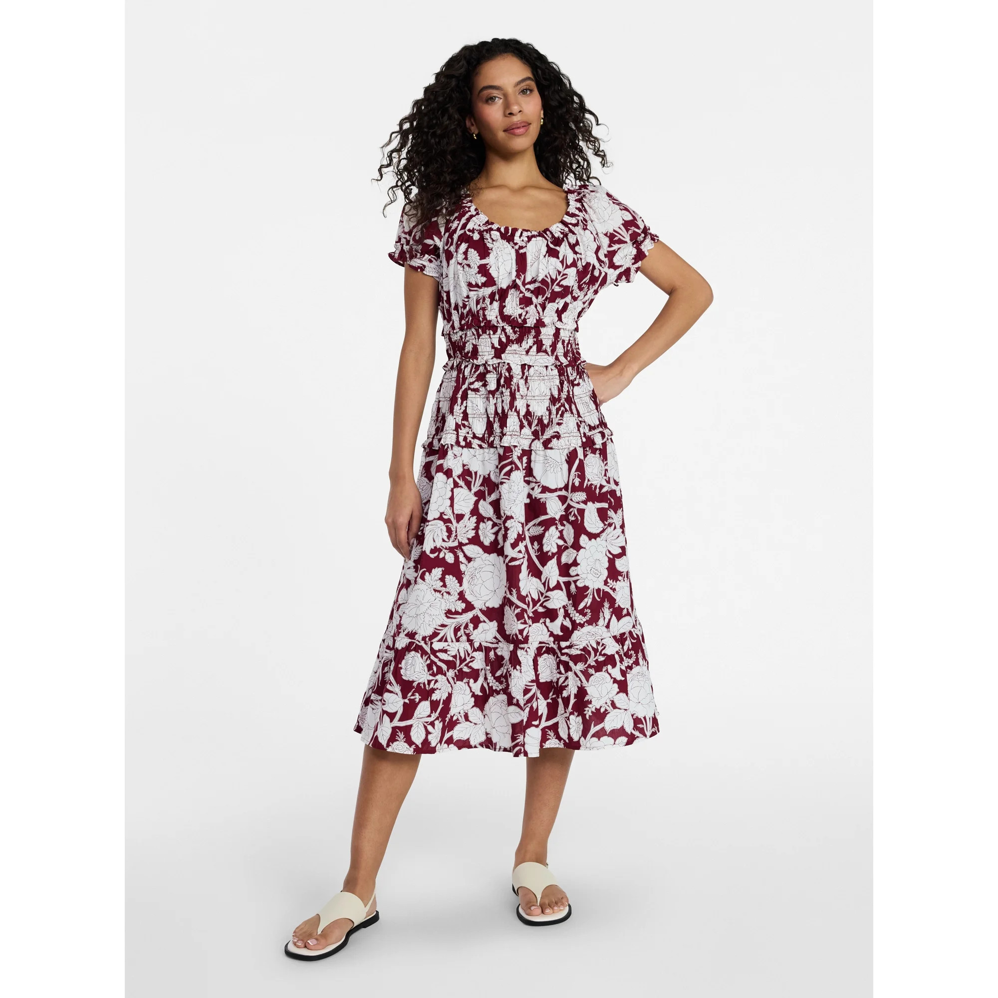 Time and Tru Women's Smocked Cotton Peasant Dress with Short Sleeves, Sizes XS-XXXL | Walmart (US)